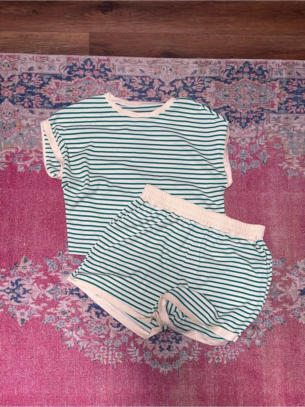 Green & White Striped  Set with Cream Trim